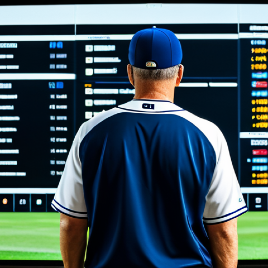Data-Driven Baseball Strategy**
A baseball manager in a professional team uniform, fully clothed, standing in front of a large touchscreen displaying baseball stats and visualizations (AVG, OBP, SLG, WAR). The setting is a modern team clubhouse with a whiteboard showing lineup optimization strategies. The manager appears focused and thoughtful. Perfect anatomy, natural proportions, professional attire, safe for work.
**
