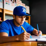 야구 스터디 자료 준비법 - A focused study scene featuring a young Hispanic adult sitting at a wooden desk covered with colorfu...
