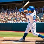 야구 기록 보유자 소개 - A dynamic baseball stadium scene under bright daylight, featuring a young male batter in professiona...