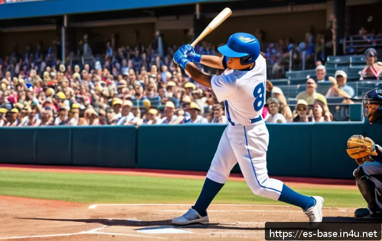 야구 기록 보유자 소개 - A dynamic baseball stadium scene under bright daylight, featuring a young male batter in professiona...