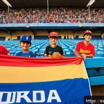 야구 경기장 이벤트 정보 - A vibrant baseball stadium scene during a lively game day in a Spanish-speaking country, filled with...