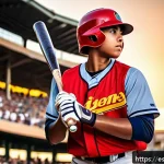 야구 스타 선수 명단 - A dynamic scene of a young baseball batter in a modern stadium during sunset, wearing a full basebal...