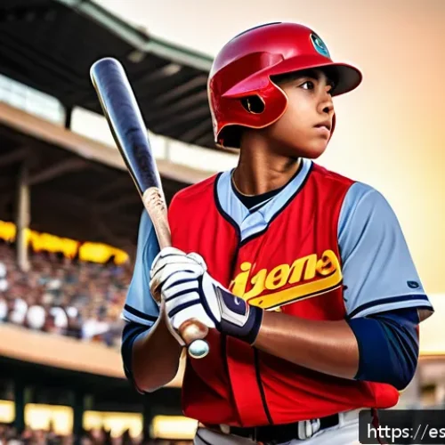 야구 스타 선수 명단 - A dynamic scene of a young baseball batter in a modern stadium during sunset, wearing a full basebal...