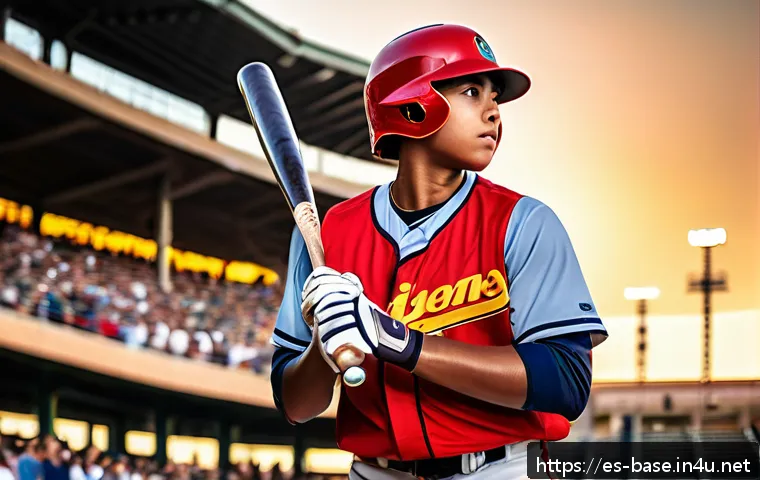 야구 스타 선수 명단 - A dynamic scene of a young baseball batter in a modern stadium during sunset, wearing a full basebal...